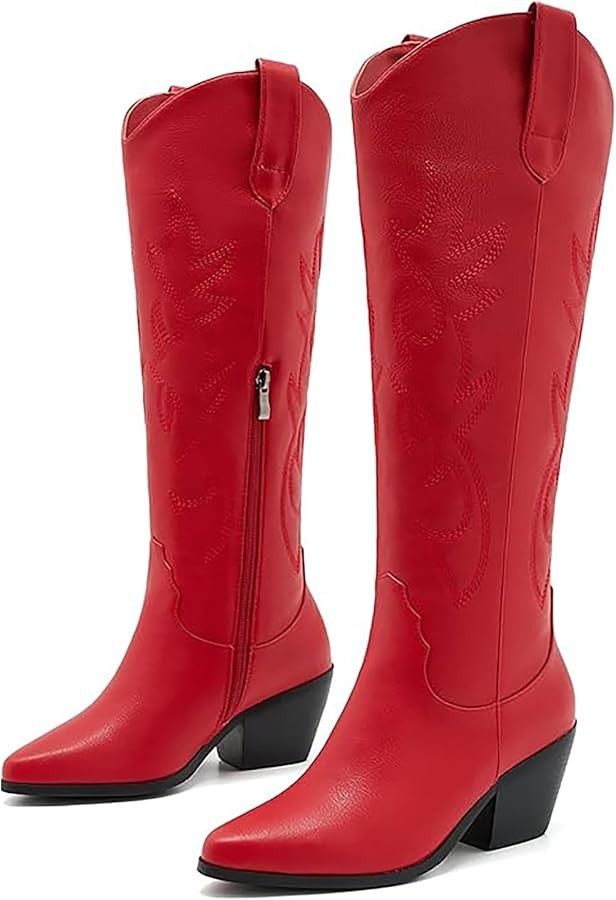 Cowgirl Boots Wide Calf Cowboy Boots Women Western Style Embroidered with Pointed Toe Chunky Heel... | Amazon (US)