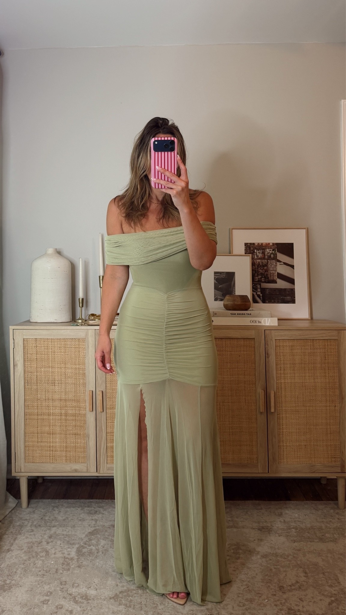 beautiful sage wedding guest dress! love the mesh and off the shoulder detail! it’s lightweight and flowy at the bottom— perfect for a summer wedding/event! i’m in a size US4, it’s snug. i think a US6 would have fit better. showpo, wedding guest dress

#LTKWedding
