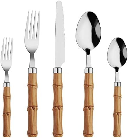 Plastic Handle Bamboo Flatware Set, HF HOFTEN Silverware Set, Include Fork Spoon Knife Utensils f... | Amazon (US)