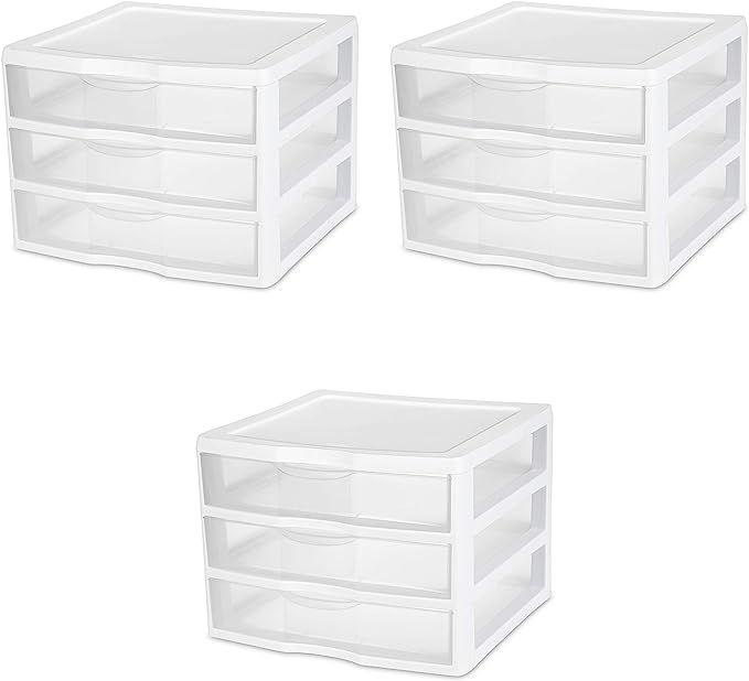Sterilite 20938003 Wide 3 Drawer Unit, White Frame with Clear Drawers, 3-Pack | Amazon (US)