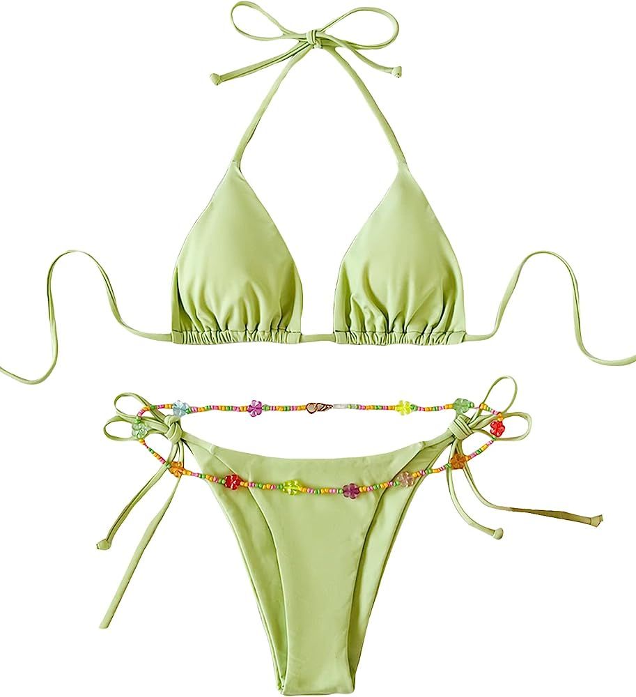 SHENHE Women's 2 Piece Sexy Bikini Sets Halter Tie Side Triangle Swimsuits | Amazon (US)