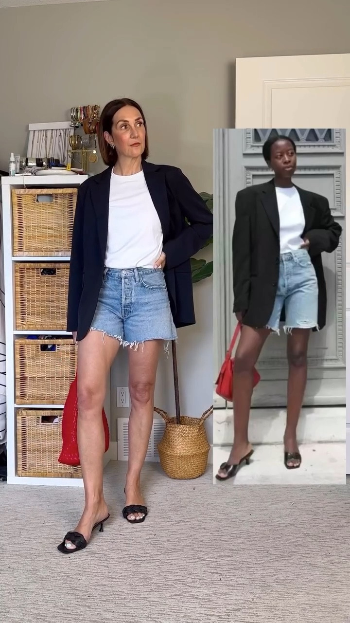 Pinterest inspired blazer outfit but wait for the switch up! Do you prefer the shorts or skirt? Comment “link” for a dm with links & size info

- white tee: Uniqlo
- denim skirt: Dynamite
- shorts: Agolde
- blazer, heels, bag: Amazon

Inspo pic: @sylviemus_ via Pinterest 

Other ways to shop:
- find me (cbstyled) in the LTK app
- link in bio > LTK outfit links
- see my “June links” highlight
- Amazon items are also available in the relevant category on my US and Canadian Amazon pages (link is in my bio)

#pinterestfashion #pinterestoutfit #pinterestinspired #blazeroutfit Pinterest summer outfit, chic summer outfit, blazer outfit, Pinterest blazer outfit, summer evening outfit, denim skirt outfit, Amazon summer outfit, Pinterest Amazon outfit