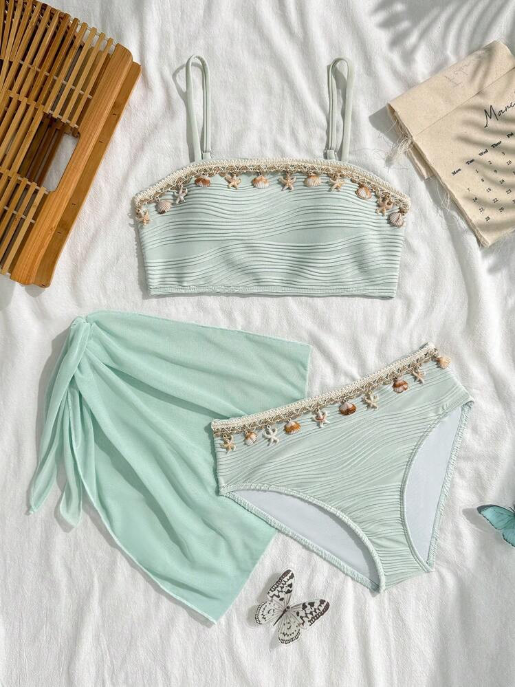 SHEIN Tween Girls' Summer Beach Vacation Shell & Starfish Woven Strap Bikini Set | SHEIN