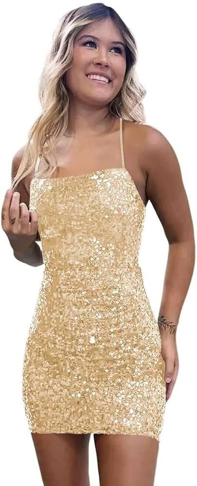 Sparkly Sequin Homecoming Dress for Teens Bodycon Spaghetti Straps Mini Dresses with Open Back LN... | Amazon (US)