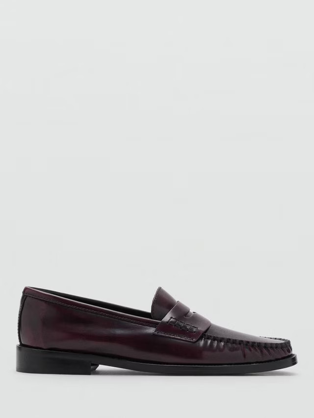 Mango Luisa Leather Gathered Moccasins, Dark Red | John Lewis (UK)
