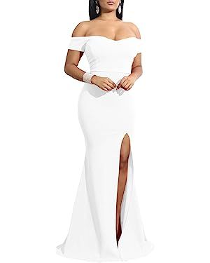 YMDUCH Women's Off Shoulder High Split Long Formal Party Dress Evening Gown | Amazon (US)