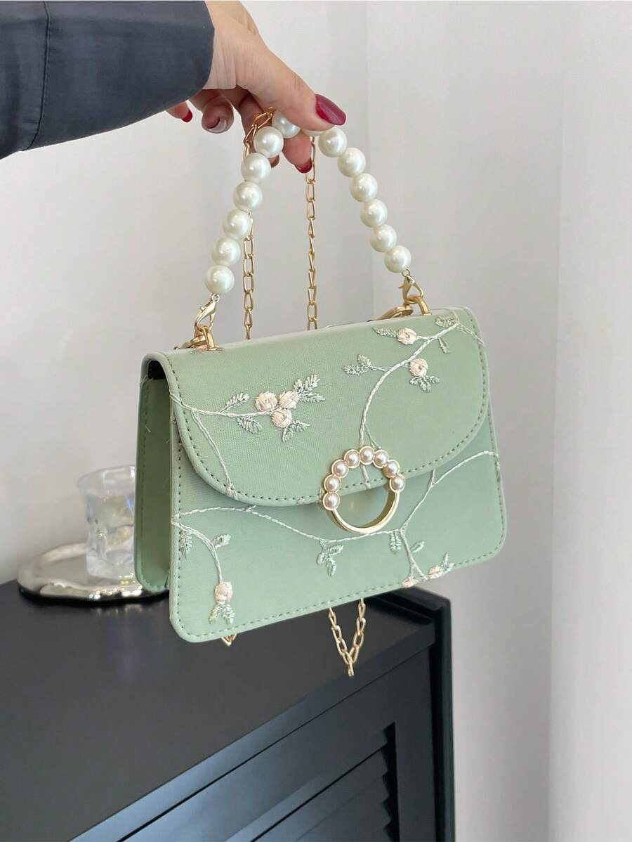 Home/Bags & Luggage/Women Bags/Women Top Handle Bags/Mini Square Bag Flower Embroidery Faux Pearl... | SHEIN