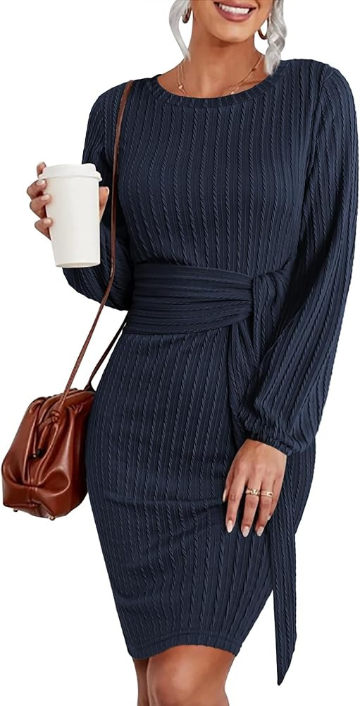 HOTOUCH Women's Casual Knit Dress Long Lantern Sleeve Fall Bodycon Dress Crewneck Tie Waist Rib K... | Amazon (US)