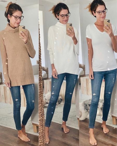 Amazon fashion! Camel sweater comes in tons of colors. It's awesome quality. Wearing size small. Wearing xs in the middle sweater. It's oversized. Xs white tee. Jeans true to size

#LTKSeasonal #LTKunder50 #LTKHoliday