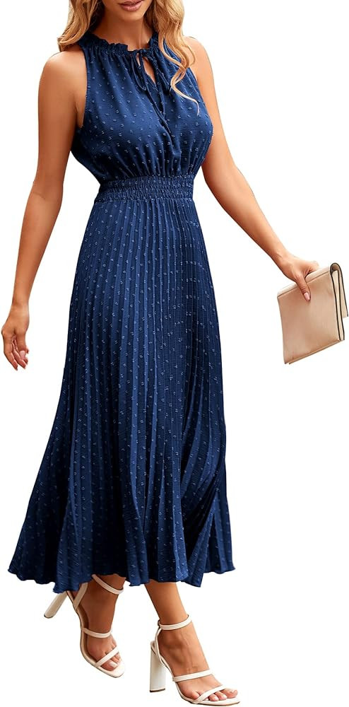 PRETTYGARDEN Women's Midi Summer Dresses Casual V Neck Swiss Dot Ruffle Sleeveless A Line Beach S... | Amazon (US)