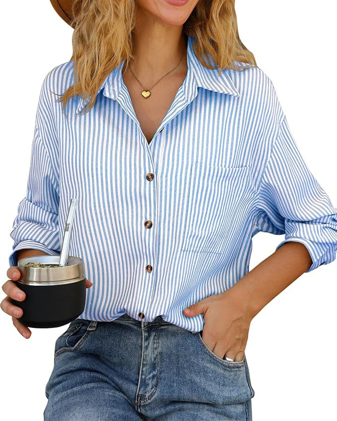 CHYRII Womens Striped Button Down Shirt Casual Long Sleeve Blouse Top | Amazon (US)