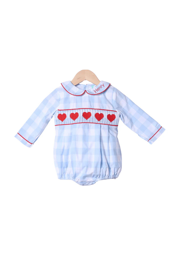 Smocked Heart Blue Gingham Bubble | The Smocked Flamingo