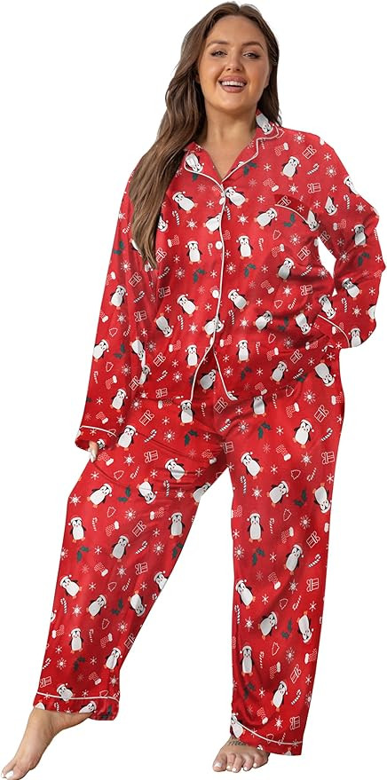 Vozanet Women's Plus Size Button Down Pajama Sets Satin Silky Long Sleeve Long Pants Sleepwear Lo... | Amazon (US)