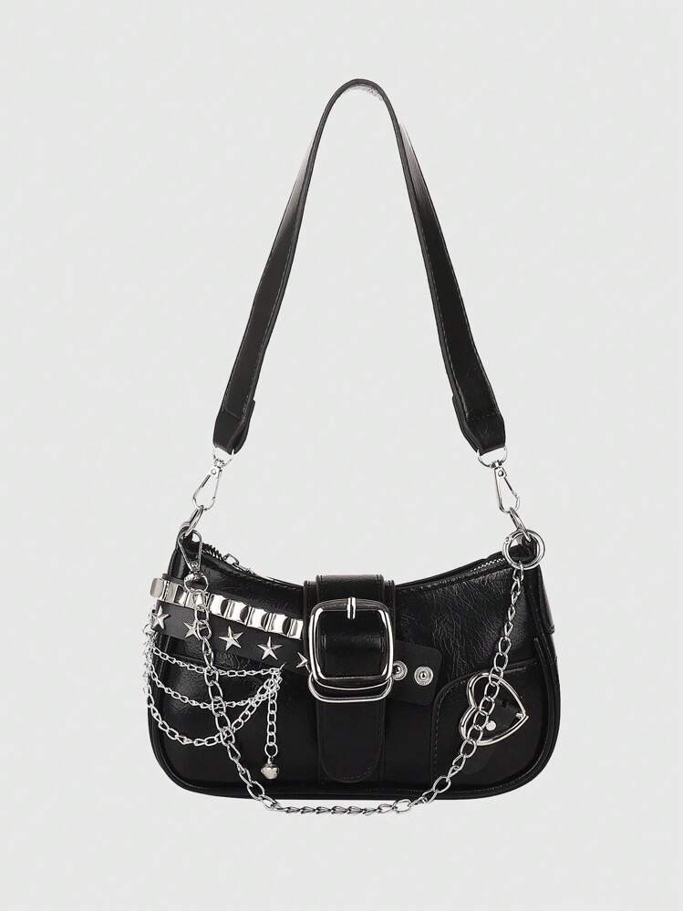 ROMWE Kawaii New Stylish Women Crossbody Bag With Chain Decor, Punk Rock Style Shoulder Bag, Cute Girly Dark Color | SHEIN