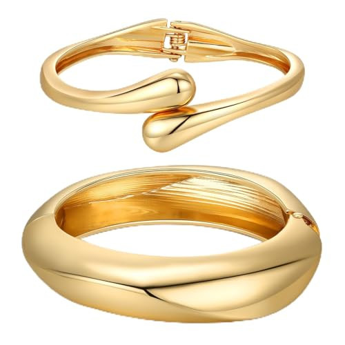 2Pcs Chunky Gold Bangle Bracelets for Women Trendy 14K Gold Plated Cuff Bracelets Stack, Dainty Gold Bracelet Sets Non Tarnish Fashion Jewelry Gift | Amazon (US)