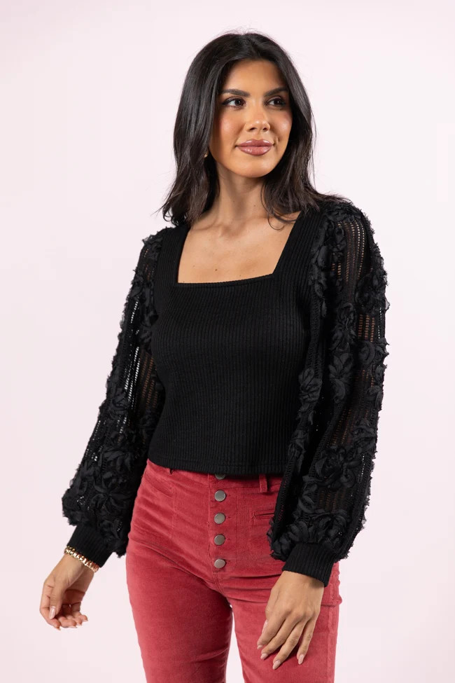 Put It On Ice Black Textured Sleeve Square Neck Sweater | Pink Lily