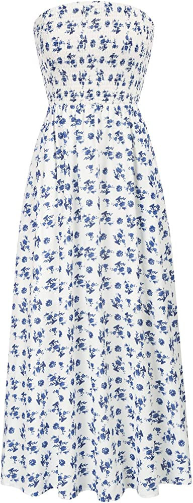 GRACE KARIN Women's Summer Beach Boho Smocked Strapless Maxi Dress with Pockets | Amazon (US)