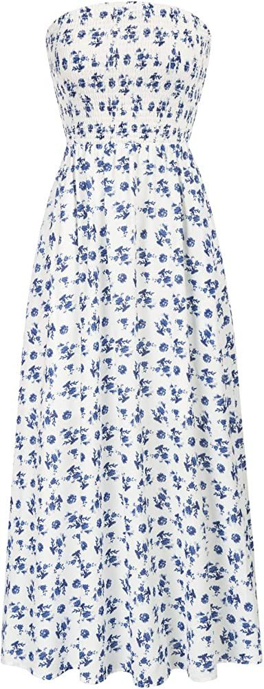 GRACE KARIN Women's Summer Beach Boho Smocked Strapless Maxi Dress with Pockets | Amazon (US)