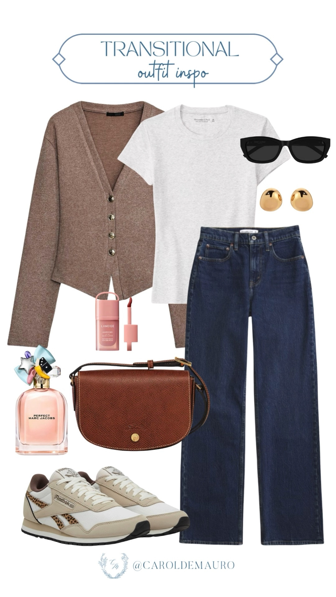 Found some new versatile basics you'll love for the transitioning season! Style a gray basic tee with wide-leg denim jeans, a cozy mocha cardigan, and Reebok sneakers. Finish it off with sunglasses, gold stud earrings, and a leather crossbody bag,

city girl look, casual outfit, weekend style, capsule wardrobe, outfit inspo, fashion accessories, laidback look, cardigan weather

#LTKU #LTKSeasonal #LTKBeauty