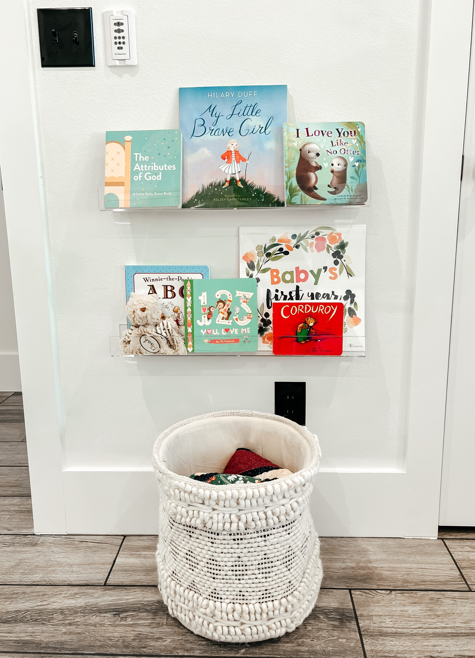 Nursery decor. 
Nursery books. Baby books. Acrylic bookshelf. Toy basket 

#LTKhome #LTKkids #LTKbaby