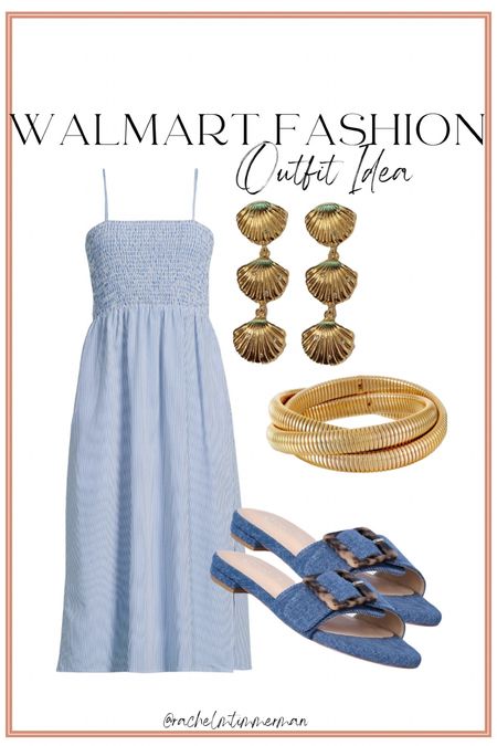 Another cute new Walmart fashion outfit idea. I love this new midi dress! It comes in several colors and is under $20. Cutest denim slides are also Walmart along with these beautiful new gold shell earrings.

Walmart fashion. LTK under 50. Walmart finds. 