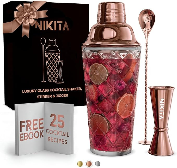 Glass Cocktail Shaker Set - 5 Piece - Rose Gold Martini Shaker Set with Strainer, Jigger, Spoon &... | Amazon (US)