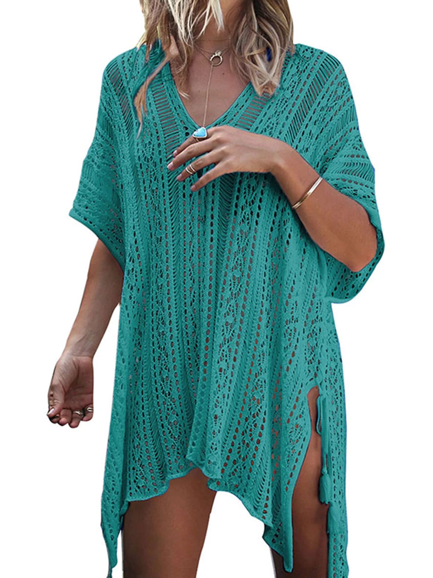 Womens Cover-ups Bohemian Knit Crochet Swim Bikini Tunic Beach Dress Tops with Tassels Summer Bea... | Walmart (US)
