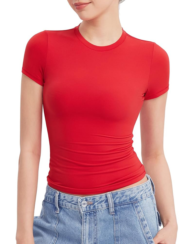 PUMIEY Women's Crew Neck Short Sleeve Tops Double Lined Slim Fit T Shirts Basic Tee Smoke Cloud P... | Amazon (US)