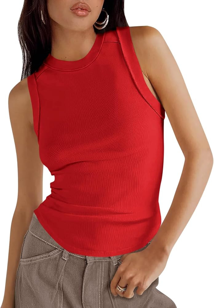Womens 2024 Ribbed Tank Tops Summer Sleeveless High Neck Curved Hem Exposed Seam Slim Fitted Basi... | Amazon (US)