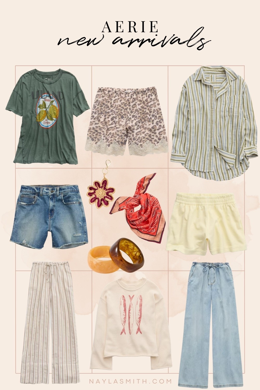 Aerie new arrivals for spring & summer! Fruit graphic tee, fish sweater, satin lace shorts, butter yellow shorts, drawstring wide leg jeans, linen pants, denim shorts, patterned silky scarf, striped button up shirt, resin bangles

#LTKstyletip #LTKsummer