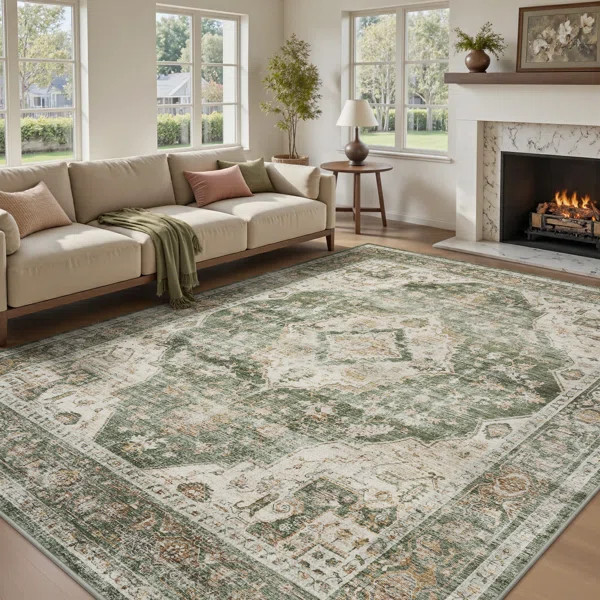 Vintage Soft Sage Green Machine Washable Oriental Area Rug For Living Room, Bedroom | Wayfair North America