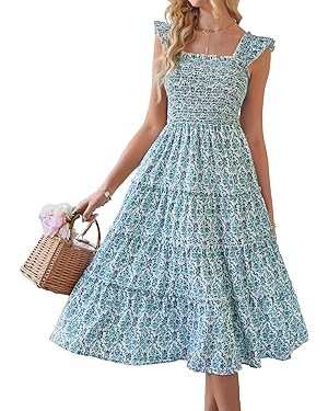 BTFBM Womens Summer Boho Smocked Beach Dresses Sleeveless Shoulder Strap Floral Flowy Tiered Part... | Amazon (US)