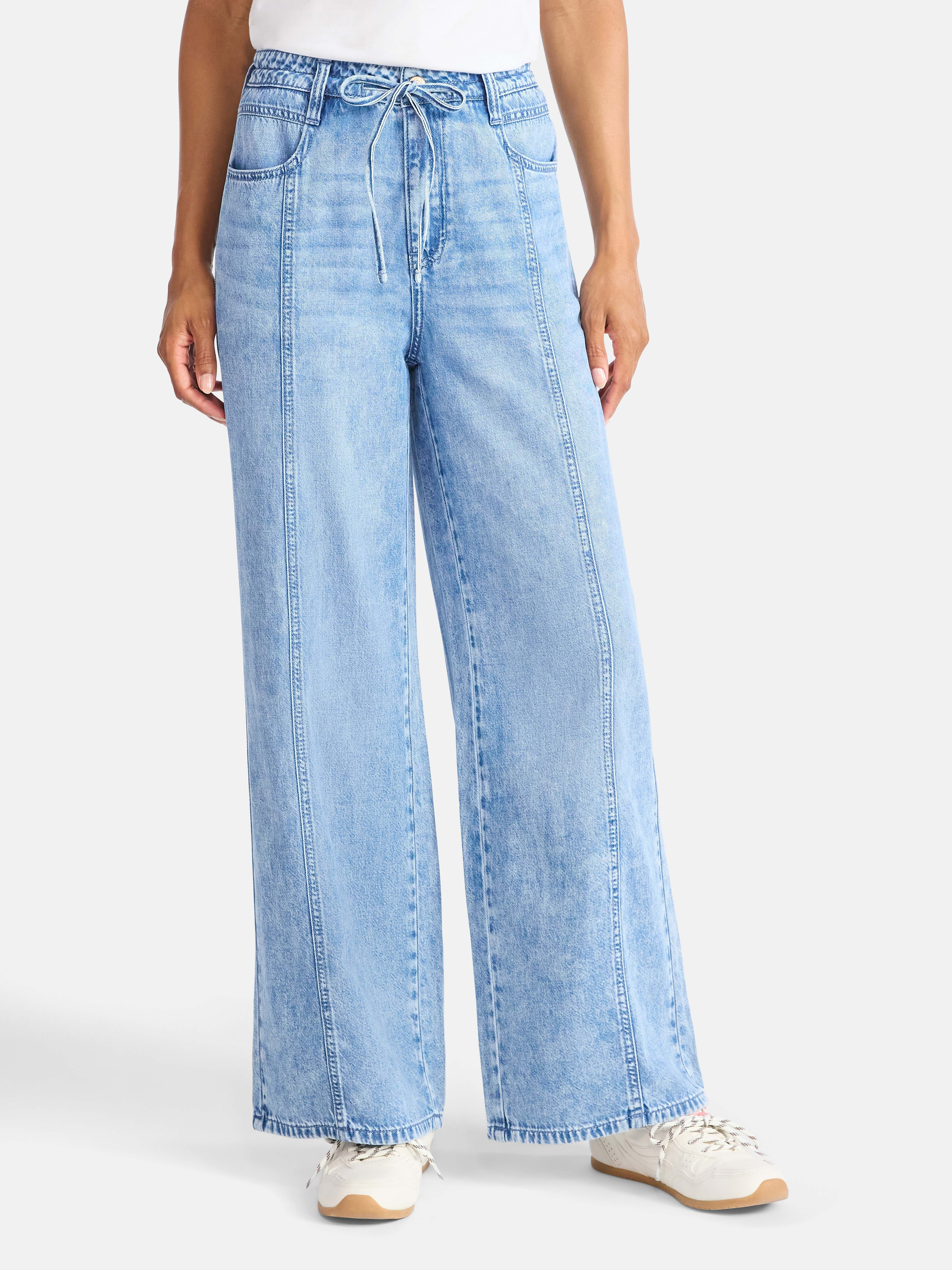 Time and Tru Women's and Women's Plus Relaxed Tie Waist Wide Leg Jeans, 31" Inseam, Sizes 0-20 | Walmart (US)