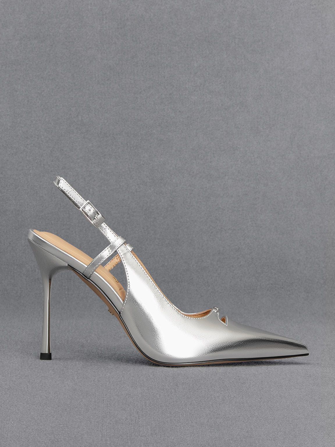 Metallic Leather Pointed-Toe Slingback Pumps
 - Silver | Charles & Keith US