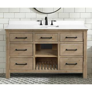 Lauren 55 in. x 22 in. D x 34.5 in. H Bath Vanity in Weathered Fir with White Engineered Stone To... | The Home Depot