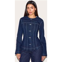 Indigo Round Neck Cinched Long Sleeve Denim Jacket | PrettyLittleThing US