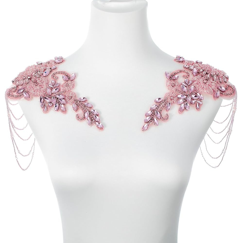 Pink Pair Beaded Rhinestones Applique Embellishment for Clothes,Epaulettes Shoulder Patches Sew-o... | Amazon (US)