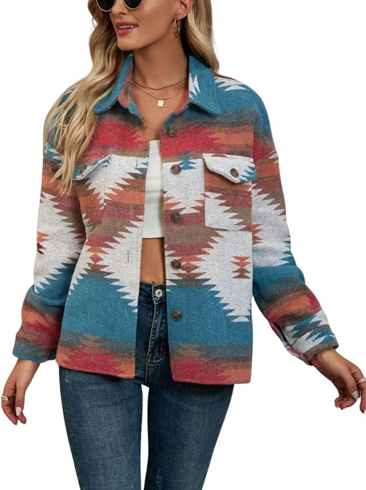 Chevara Women’s Vintage Ethnic Aztec Jacket Long Sleeve Button Up Woolen Shacket Western Jacket... | Amazon (US)