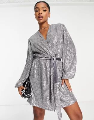 Style Cheat sequin wrap tie mini dress in silver | ASOS | ASOS (Global)