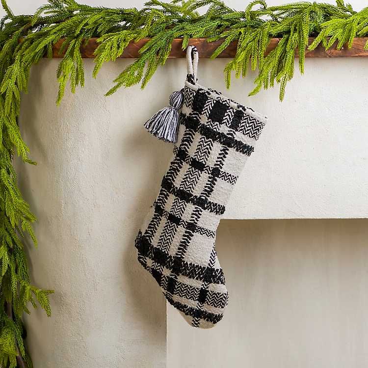 New! Black and White Plaid Tassel Christmas Stocking | Kirkland's Home