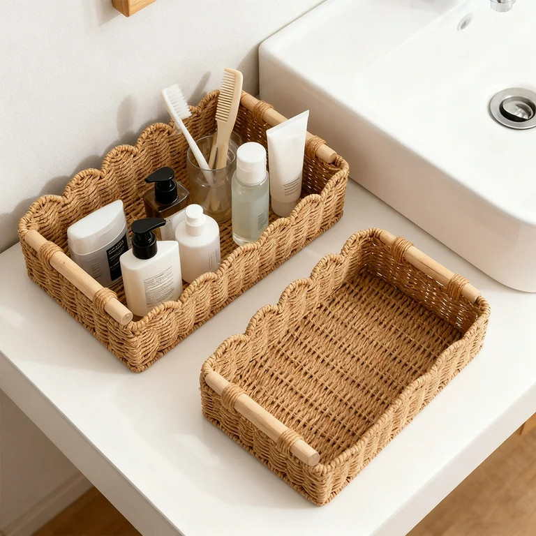 2 Pcs Wicker Storage Basket with Wood Handles, Handmade Rectangular Woven Wicker Baskets for Shel... | Walmart (US)