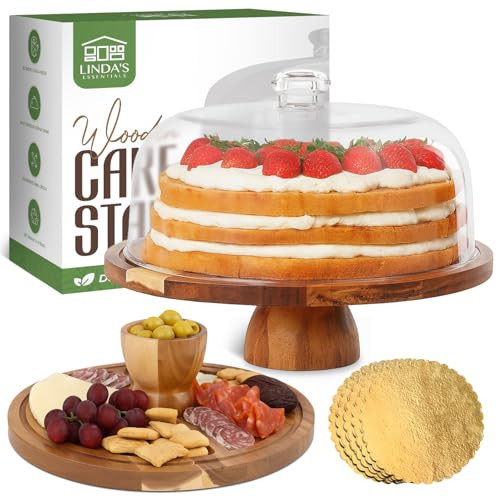 Linda's Essentials Acacia Wood Cake Stand with Lid - 12 Inch Round Cake Holder Stand with 5 Bonus Cake Sheets, 2-in-1 Wooden Cake Stand with Dome & Charcuterie Board for Cheese, Cake Plate with Lid | Amazon (US)