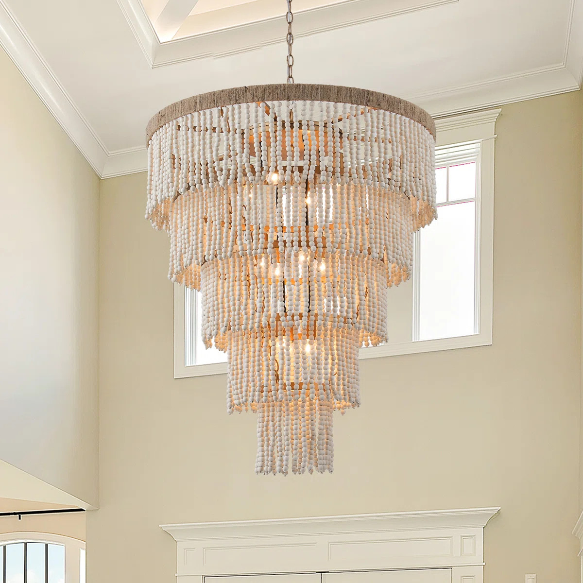 Bohemia 32" Beige Wood Beaded Tiered Large Statement Chandelier for Spacious Living Room, Entrywa... | Wayfair North America