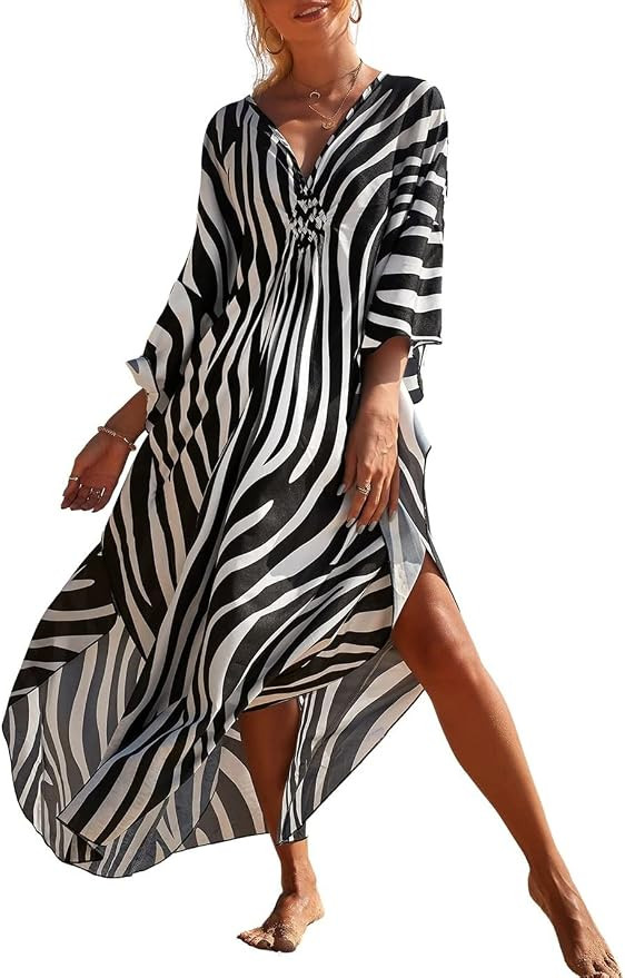 AILUNSNIKA Plus Size Swimsuit Cover Ups for Women Batwing Sleeve Kaftan Dress Zebra Print Beach C... | Amazon (US)