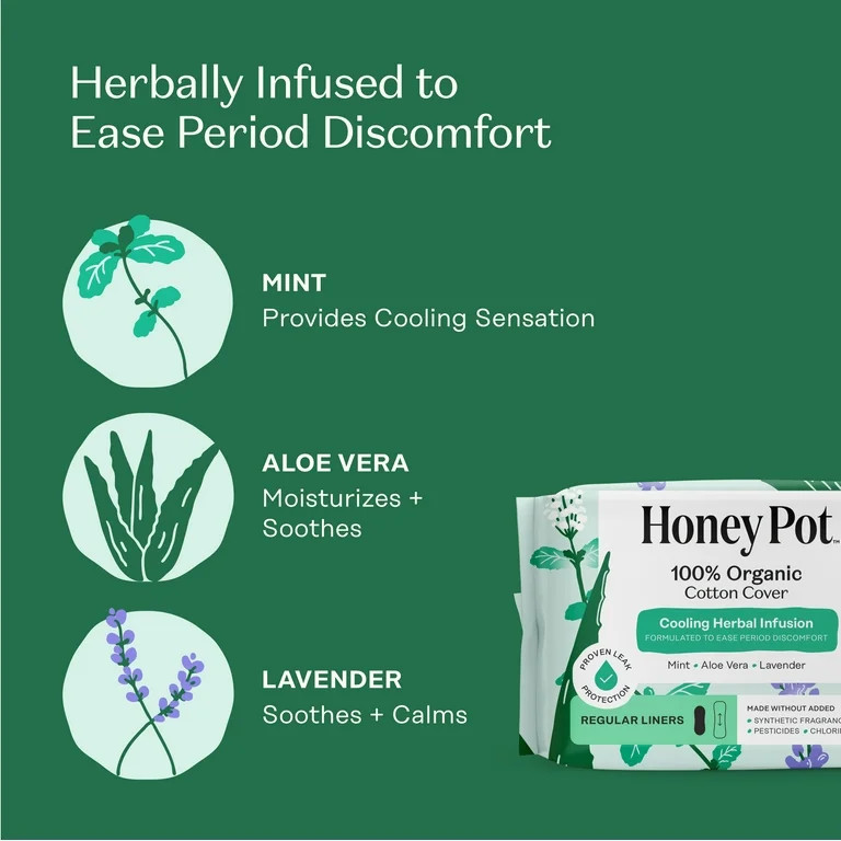 Honey Pot 100% Organic Cotton Cover Cooling Herbal Infusion Regular Liners, 30 Count | Walmart (US)