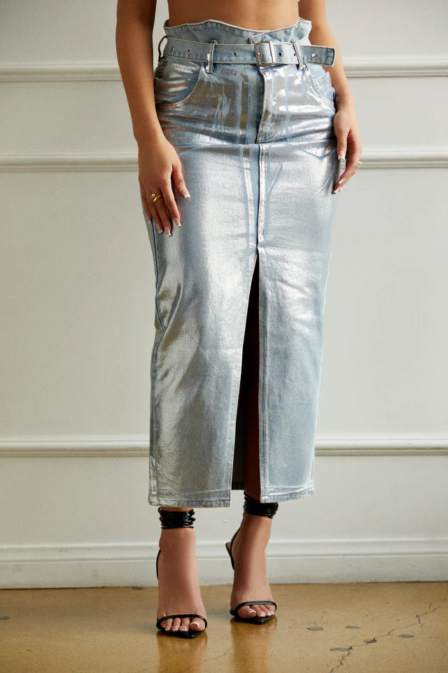 Miss Lola | Kendra Metallic Maxi Skirt Denim | MISS LOLA