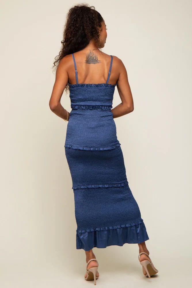 Blue Satin Smocked Fitted Maxi Dress | PinkBlush Maternity