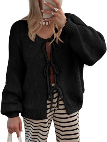 LILLUSORY Tie Front Cardigan Sweaters for Women Trendy 2025 Fall Fashion Outfits Puff Sleeve Bow ... | Amazon (US)