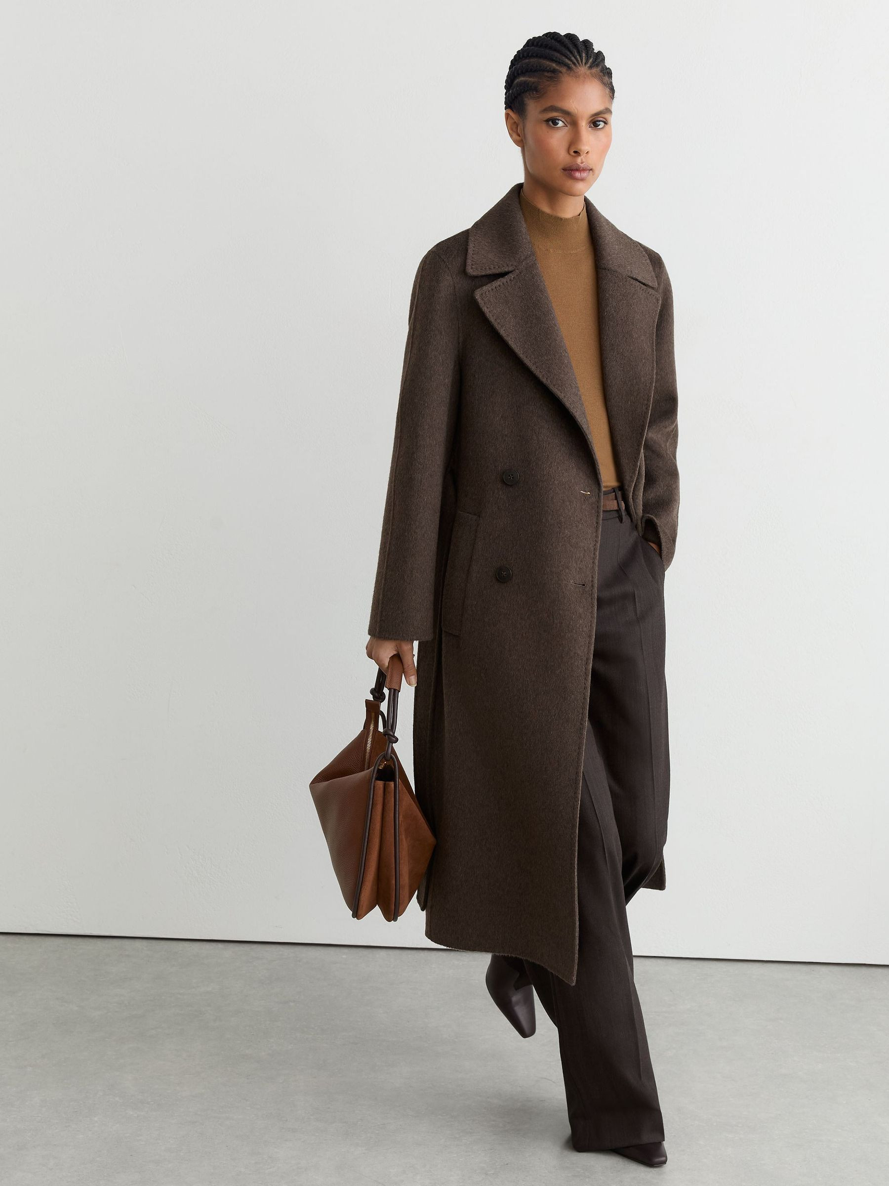Reiss Double-Breasted Blind-Seam Coat Wool-Blend with Cashmere in Mocha Brown - REISS | Reiss UK