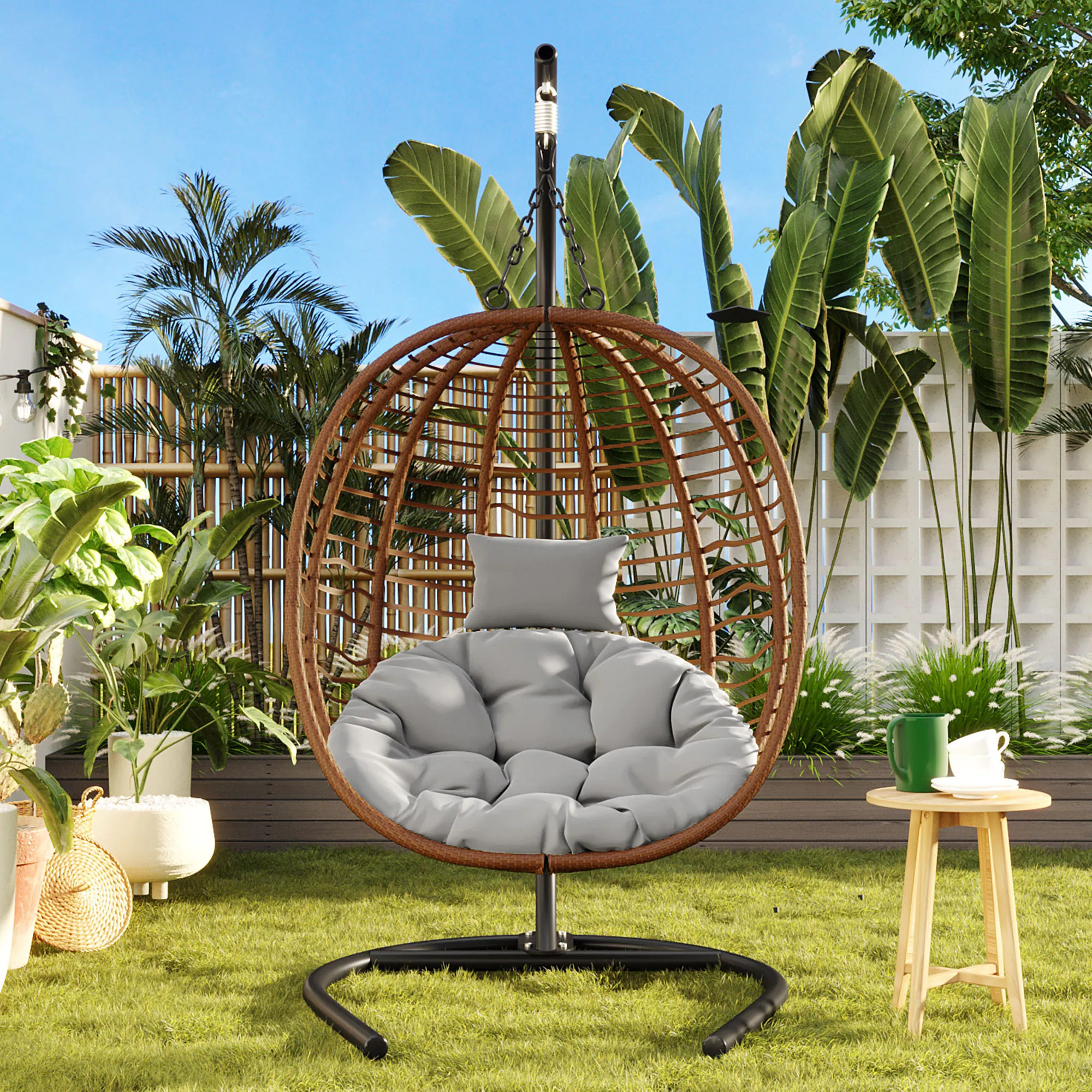 AAZJ Patio Chair Wicker Brown Iron Frame Hanging Egg Chair with Gray Cushioned Seat one_size | JDS-W874P264744 | Lowe's